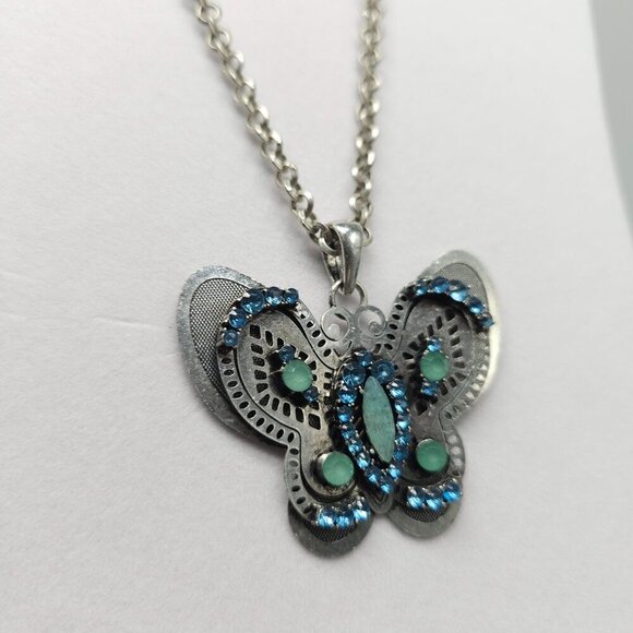 Butterfly Pendant Necklace By Jessica Simpson Blue Green Crystal Silver Tone - Picture 2 of 7